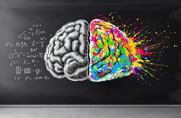 Half brain with scientific equations and other half with colorful artistic splashes on dark background. Concept of creativity and science. Ai generative