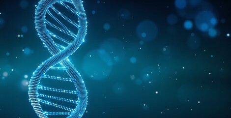 Abstract glowing DNA helix composed of blue particles on a dark blue background with floating light effects. Concept of genetics, biotechnology, and science. Ai generative