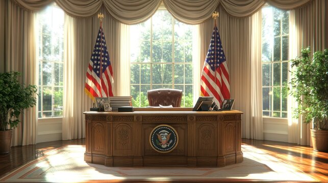 President's Oval Office, Interior, American Flags, Sunlight Streaming Through Windows