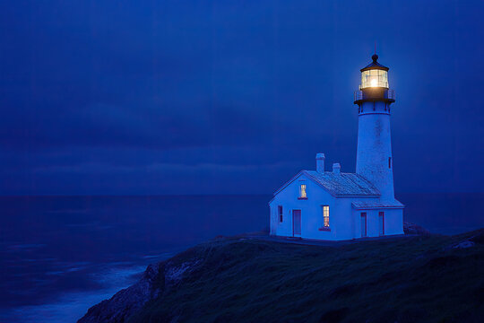 Lighthouse at night. A lighthouse glows over the ocean on a cloudy night. Generated by artificial intelligence