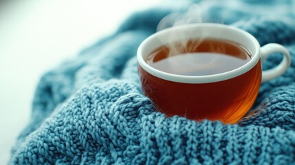 Warm drink steams on blue knit blanket. Cozy, relaxing image