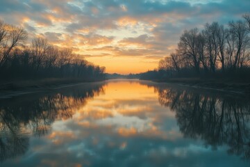 Obraz premium Calm river reflecting a stunning sunset with dramatic clouds and serene trees along the banks