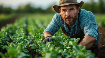 A farmer tending crops in the rows of a green vegetable field