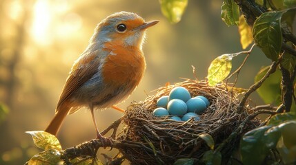 A small bird guards its nest of pale blue eggs at sunrise