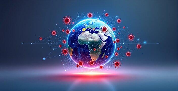 Earth with virus particles and network connections on a dark blue background. Concept of global pandemic, disease spread, and medical science. Ai generative