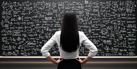 Woman in formal attire stands before a chalkboard covered in mathematical formulas and scientific symbols, symbolizing intelligence and problem-solving. Ai generative