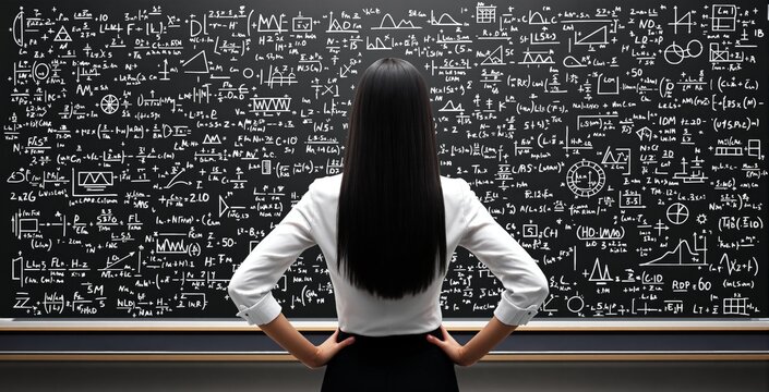 Woman in formal attire stands before a chalkboard covered in mathematical formulas and scientific symbols, symbolizing intelligence and problem-solving. Ai generative