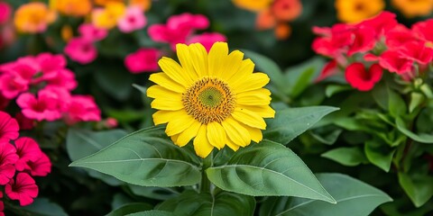 Vibrant Summer Garden in Full Bloom A Single Yellow Sunflower Stands Out Amidst Colorful Petunias