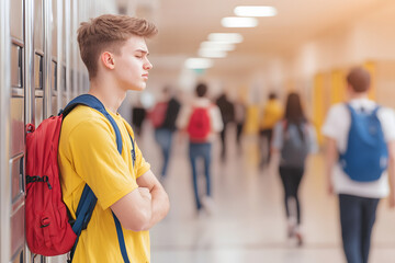 teenage student with downcast expression leaning against metal lockers