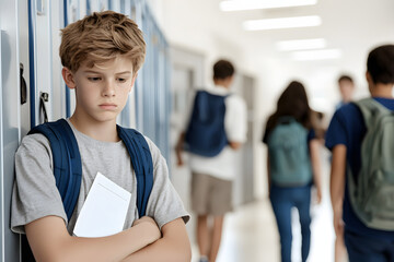middle school student looking at failing test grade while leaning against locker as other students pass by 