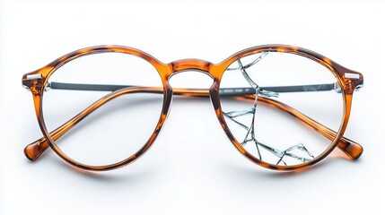 Broken eyeglasses with cracked lens on a white background