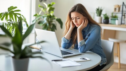 Young freelance businesswoman with ADHD struggles to start a project, unable to focus and work from home on her laptop, experiencing challenges with concentration and productivity