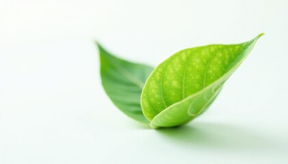 Fototapeta premium Single leaf unfolding from bud on white background, foliage, green, emergence