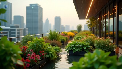 Fototapeta premium A vibrant cinematic photograph on a rooftop garden with city buildings in the background during a light rain, generate AI