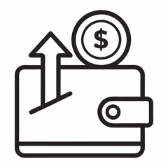 Wallet with Dollar Coin and Upward Arrow Icon - Line Art on White Background