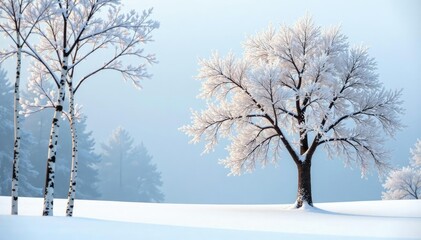 Snow-covered branches of a birch tree isolated, nature, solitude, snow