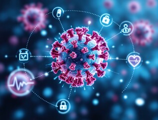 Creative depiction of virus with interconnected medical icons on a blue background. Concept of healthcare, disease research, and futuristic science. Ai generative