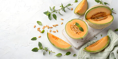 Cantaloupe melon slices with green sprigs of herbs