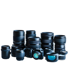 Collection of various professional camera lenses arranged on a white background.