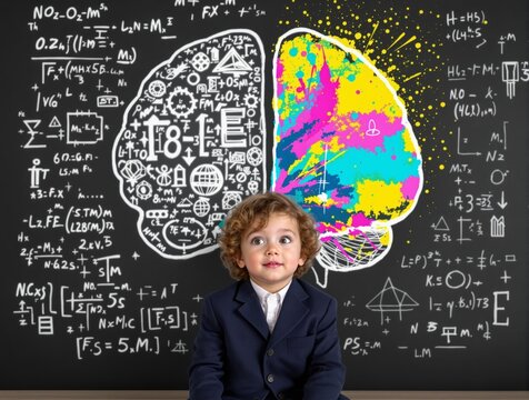 Young boy in formal suit sits before chalkboard with a creative brain illustration, science formulas on background. Concept of intelligence and creativity. Ai generative - Powered by Adobe