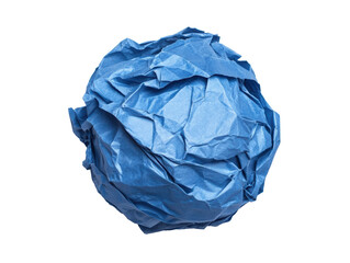 Fototapeta premium Crumpled blue paper ball rests on a white surface on a transparent background, cut out