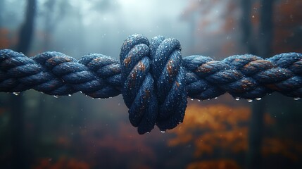 A wet, knotted rope hangs in a misty autumn forest