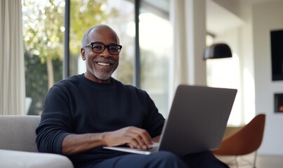 Smiling Senior Man Using a Laptop in a Modern Bright Living Room