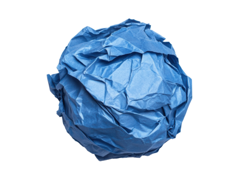 Crumpled blue paper ball rests on a white surface on a transparent background, cut out