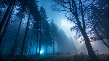Mystical Moonlit Forest Background with Empty Space for Text, Enchanting Dark Woods and Ethereal Blue Glow