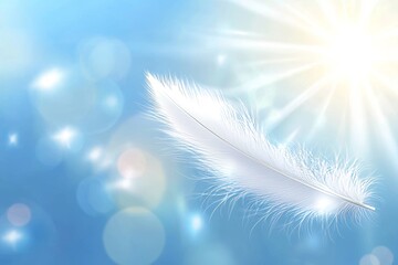 A soft focus shot of a beautiful white feather on a blurred light blue background results in an abstract, artistic, and airy image that embodies the freshness of nature, ideal for use as a wallpaper