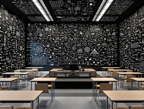 Modern classroom with wooden desks and chairs, featuring walls and ceiling covered in mathematical formulas and scientific diagrams. Creative science background. Ai generative