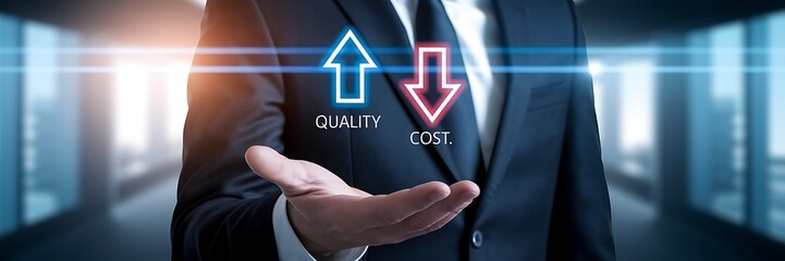 Businessman Managing Cost and Quality in Project Management Strategy. Cost efficient, quality control concept. cost control, quality improvement, budget management, financial strategy, business growth