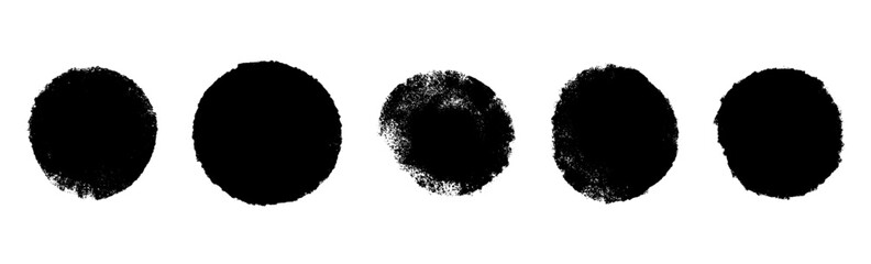 Abstract round brush stroke with rough ink texture and paint splash. Circular stamp shape for graphic design and logos. Flat vector illustration isolated on white background.