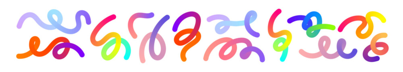 Abstract gradient wave pattern with wavy 3D shapes and geometric squiggles. Modern doodle design with colorful ribbon elements. Flat vector illustration isolated on white background.