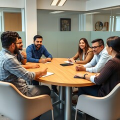 Seis hispanos teniendo una reunión de negocios.