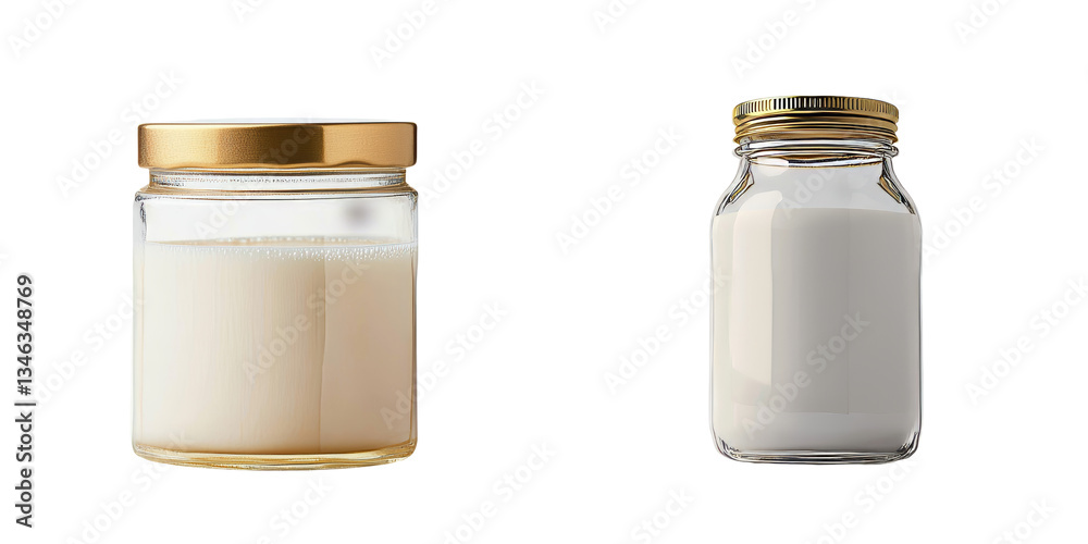 Poster milk inside a glass jar, isolated and set against a transparent background, produced by generative a