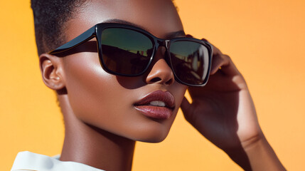 Naklejka premium A close-up of a well-groomed woman wearing stylish sunglasses, adjusting them slightly.