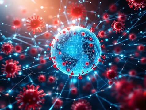 Globe with virus spikes surrounded by red viral particles in a digital network background. Concept of global pandemic, infections, and science. Ai generative - Powered by Adobe