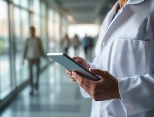 Close-up of a doctor in a white coat using a tablet in a hospital corridor with blurred people in the background. Concept of healthcare and technology. Ai generative