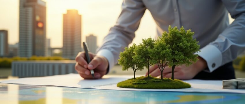 Green City Planning: An urban planner envisions a sustainable cityscape, drafting eco-friendly blueprints with miniature trees as a symbol of growth and harmony with nature.