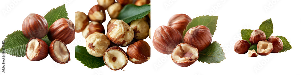 Poster hazelnuts accompanied by a green leaf, isolated and set against a transparent background, are a crea