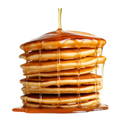 Pouring Syrup onto Stack of Fluffy Pancakes on White or Transparent Background