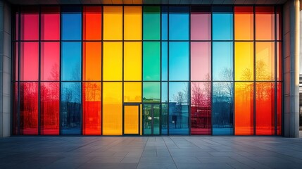 Colorful glass facade of modern building with entrance.