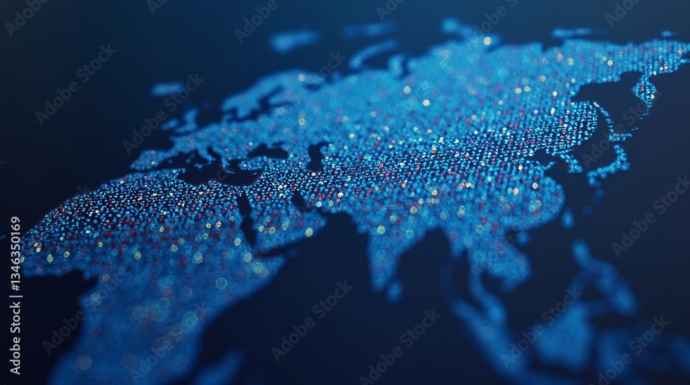 Poster global network: a digitally rendered map of the world overlaid with interconnected points and lines,