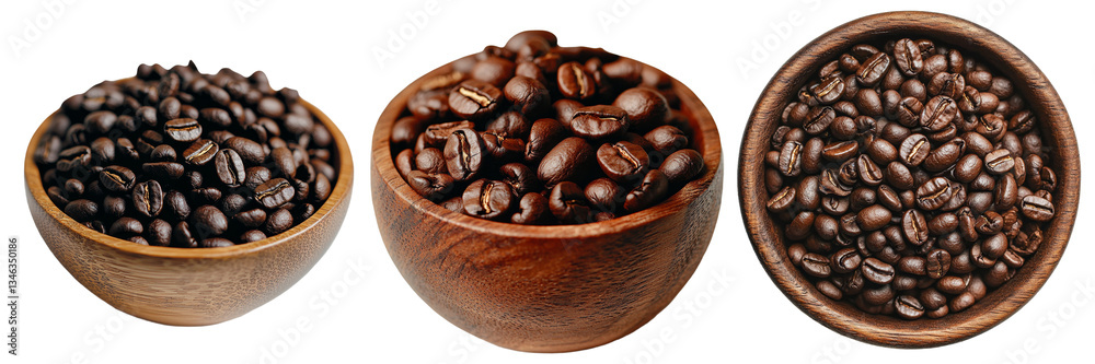 Poster a transparent background provides the setting for a wooden bowl filled with coffee beans, an image g