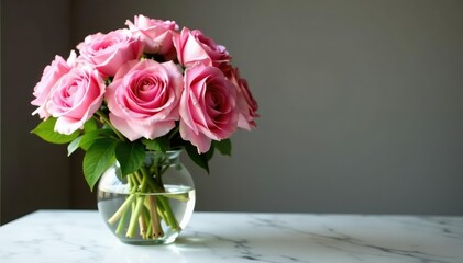 Fototapeta premium stunning bouquet of pink flowers in a clear crystal vase on a marble countertop, centerpiece, elegant