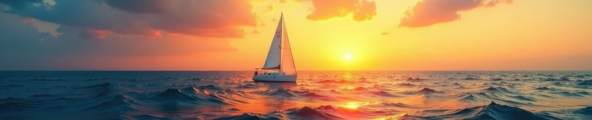 Fototapeta premium Sun-kissed sailboat sailing towards a peaceful sea horizon, horizon, waves, light