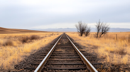 Obraz premium railway, train, rail, railroad, track, transportation, travel, tracks, transport, sky, road, steel, landscape, perspective, rails, way, line, distance, journey, long, path, nature, iron, parallel, met