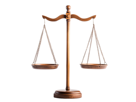 Balancing scales symbolizing justice in a legal setting on a transparent background, cut out