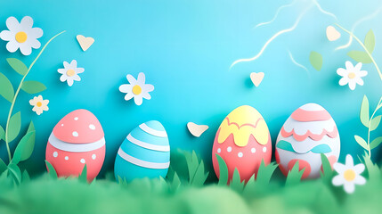 Fototapeta premium Paper Illustration made of colorful Easter eggs on a light lightning background. Easter